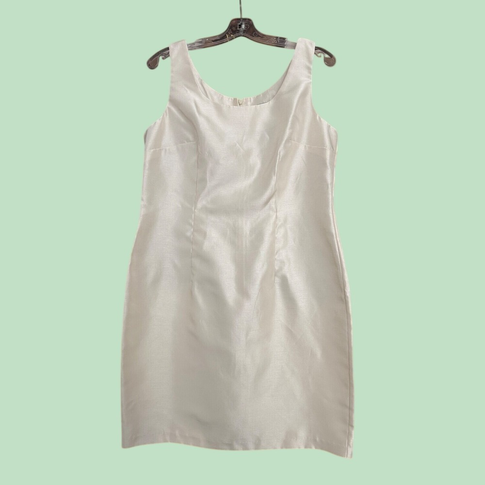 Justin Thyme Ltd Petite Cream Champagne Faux Silk Sheath Cocktail Dress 14P 2617